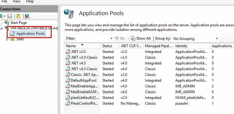 IIS manager: “Application Pool” entre los servidores seleccionados