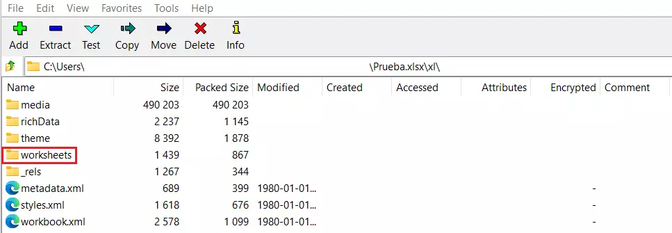 Imagen del archivo Excel, directorio xl, abierto en el programa 7-Zip