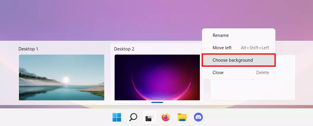 Entrada “Elegir fondo de pantalla” del menú de gestión de escritorios de Windows 11