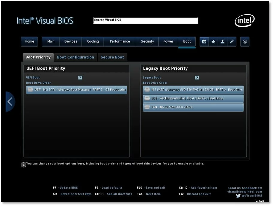 Intel Visual BIOS: Boot Priority (prioridad de arranque)