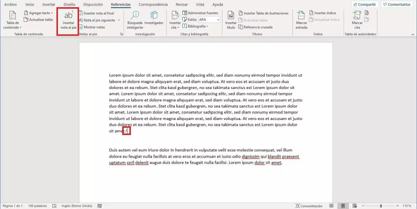 Insertar nota al pie en Word 2019