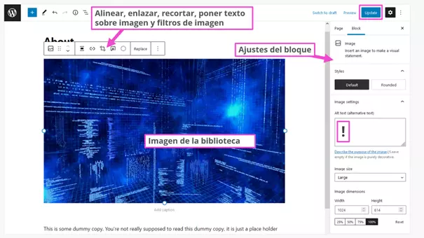 Define las medidas más adecuadas de una imagen en la página/bloque de WordPress