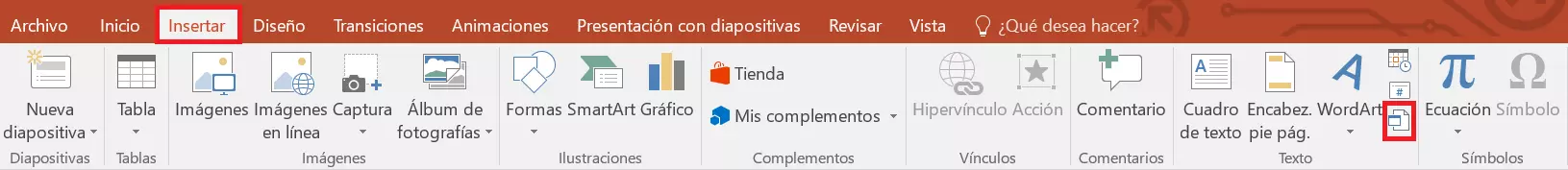 PowerPoint: icono “Objeto” en la cinta de opciones