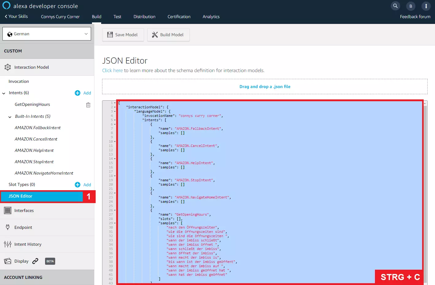 El modelo de interacción de la Skill en el editor JSON