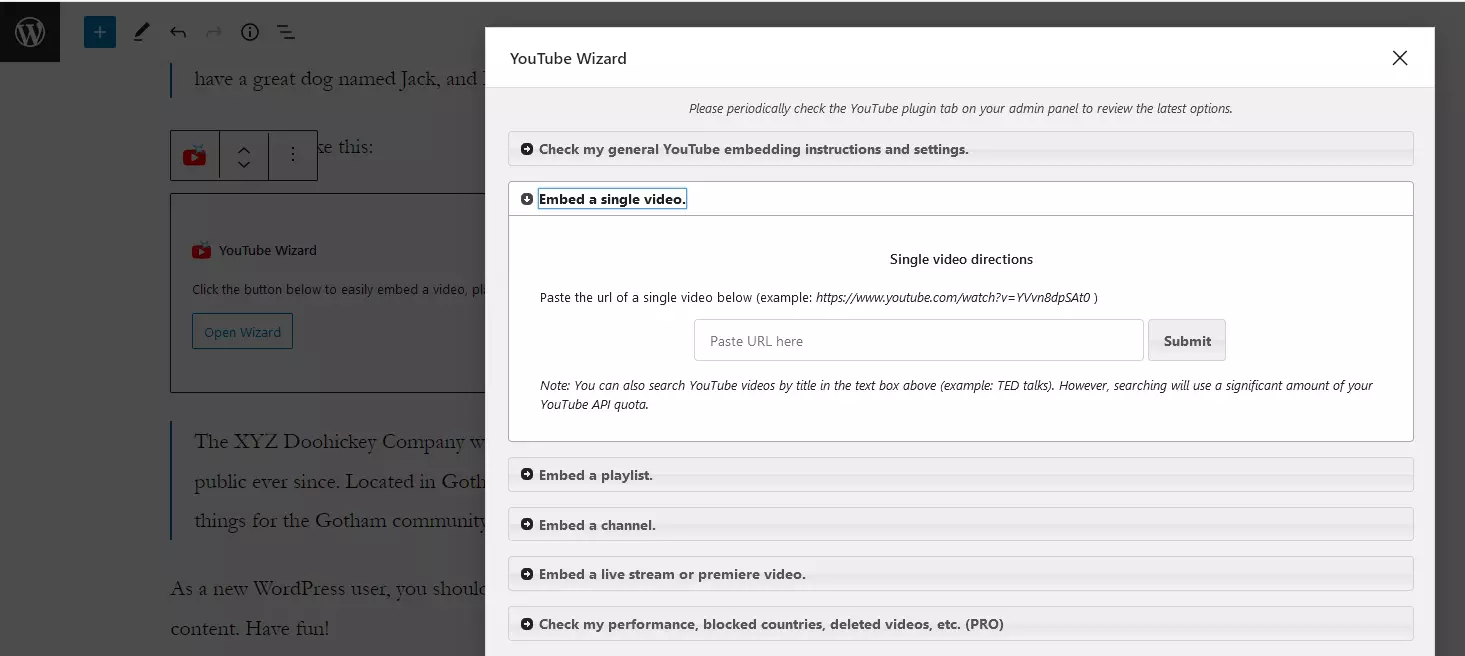 YouTube Wizard en el editor de WordPress