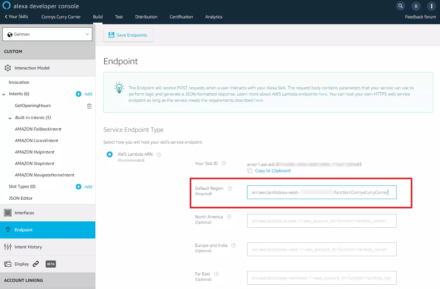 Alexa Developer Console: máscara de configuración para el enpoint del servicio web