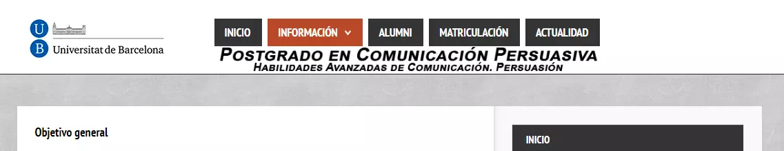 Captura de pantalla de los elementos de navegación de la Universitat de Barcelona