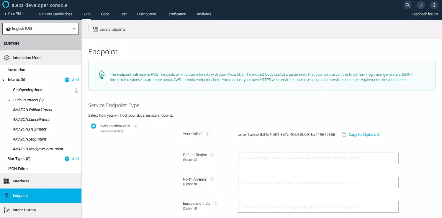 Alexa Developer Console: selección del endpoint del servicio web