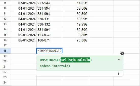 Captura de pantalla de la función IMPORTRANGE