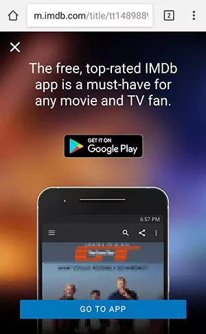 Screenshot de un anuncio intersticial en imdb.com con publicidad para la app