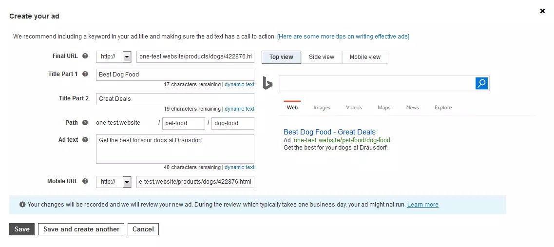 Interfaz para crear un anuncio en Bing Ads