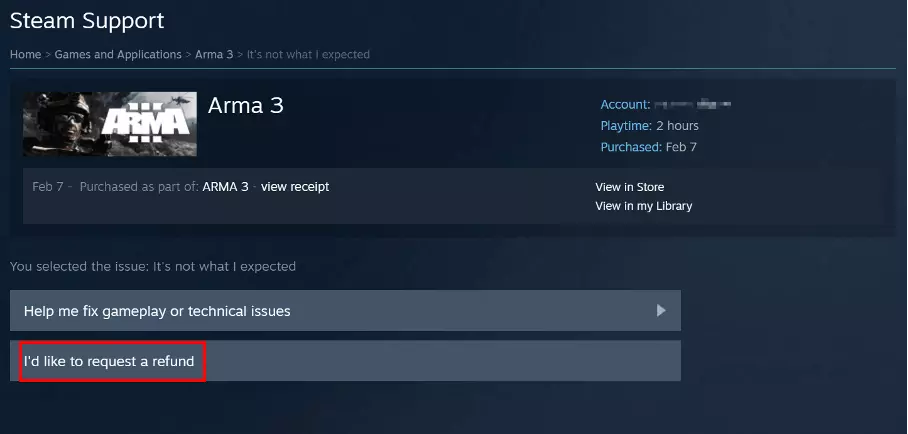 Soporte de Steam con detalles de un juego