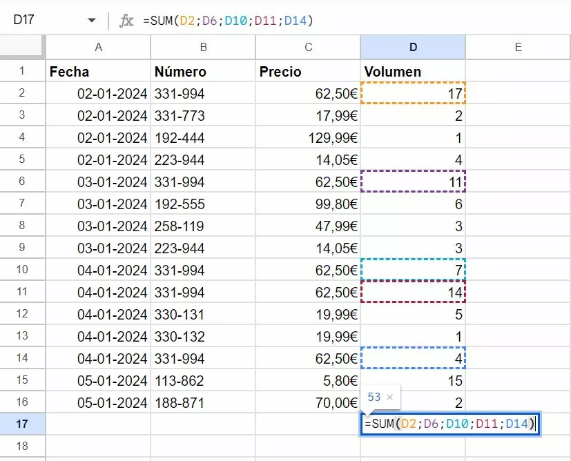 Captura de pantalla de una fórmula con una función integrada en Google Sheets