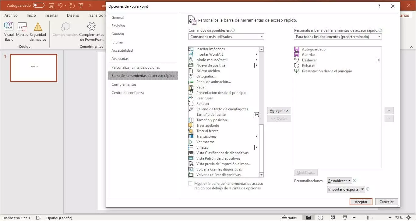 Menú para personalizar la barra de acceso rápido de PowerPoint