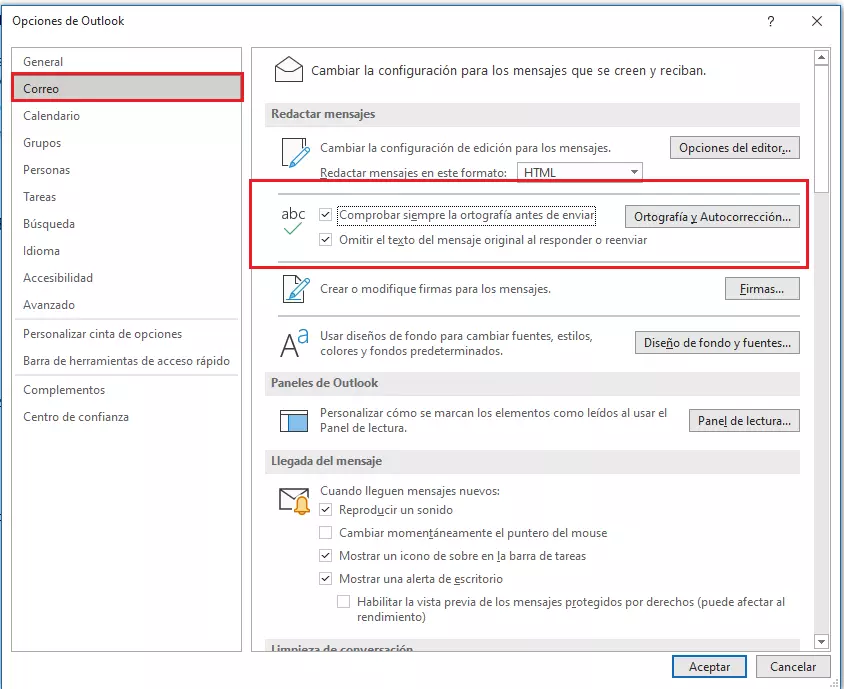 Outlook: Casilla “Comprobar siempre la ortografía antes de enviar”