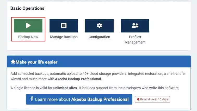 Akeeba Backup: menú en el backend de Joomla