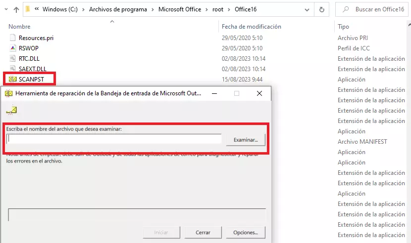 Reparar archivo PST de Outlook con scanpst.exe