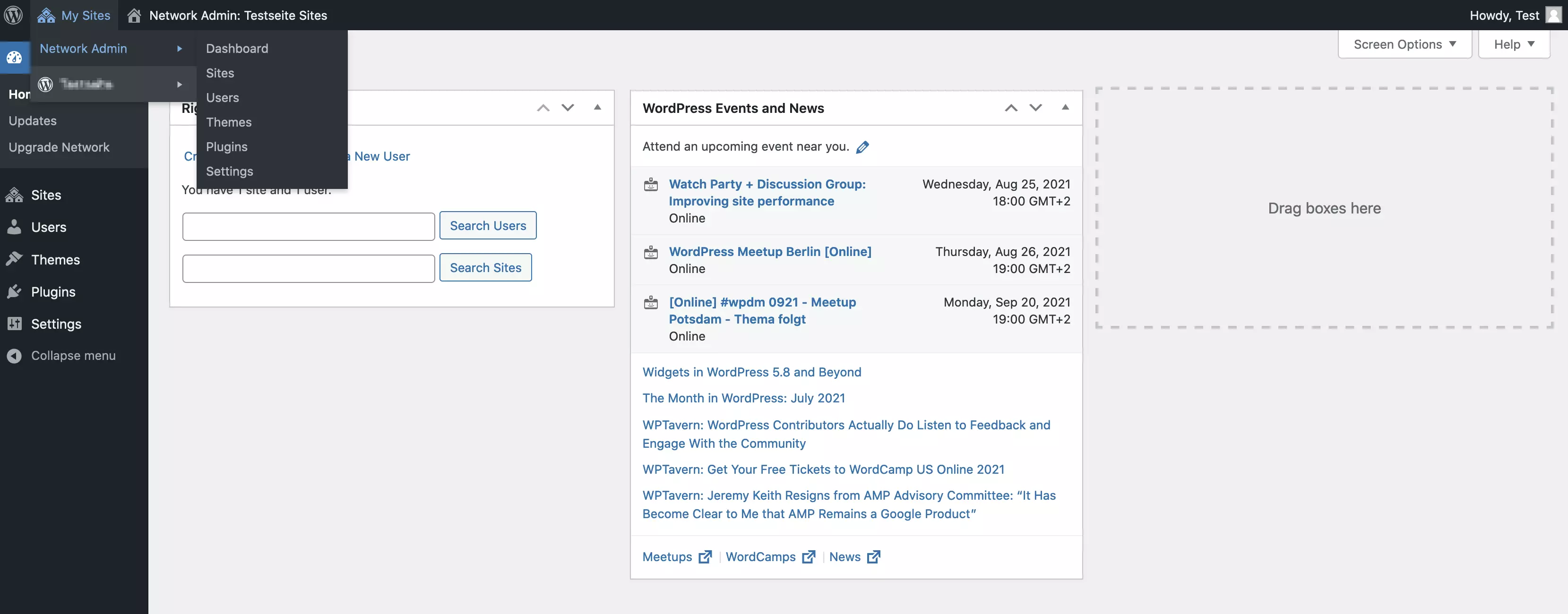 Panel de control de red en el backend de WordPress