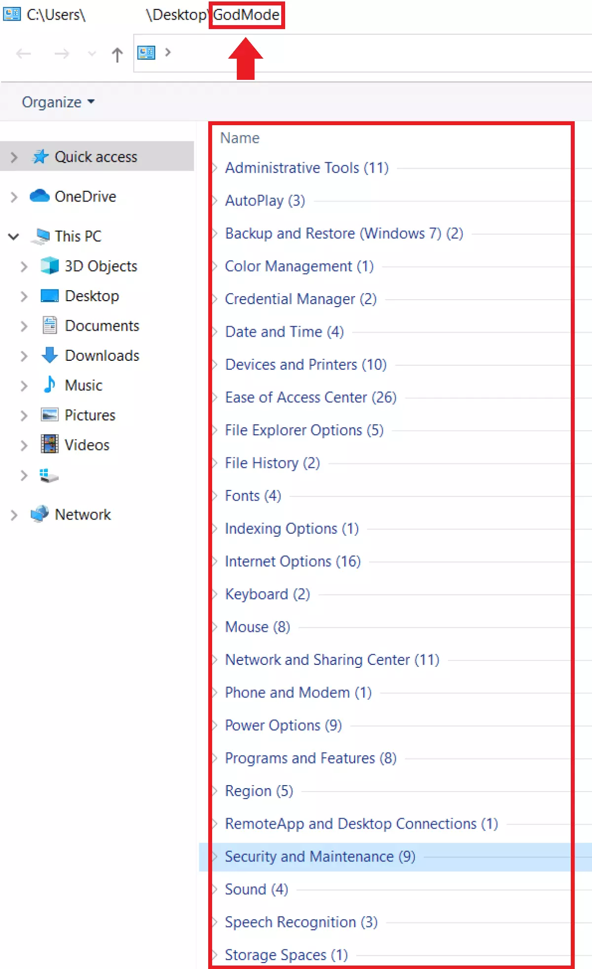 Carpeta de God Mode de Windows 10 con 250 ajustes del Panel de control