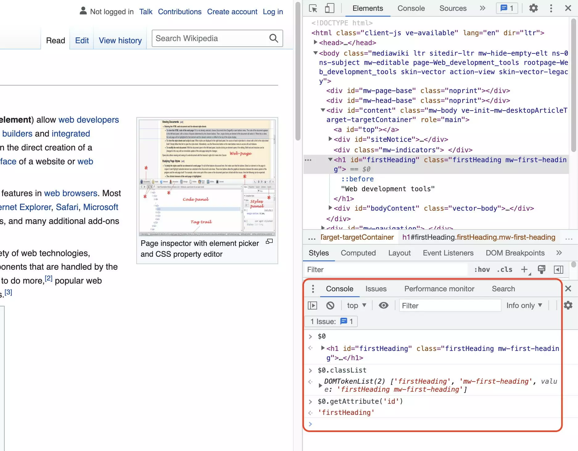 El elemento inspeccionado en la consola de JavaScript