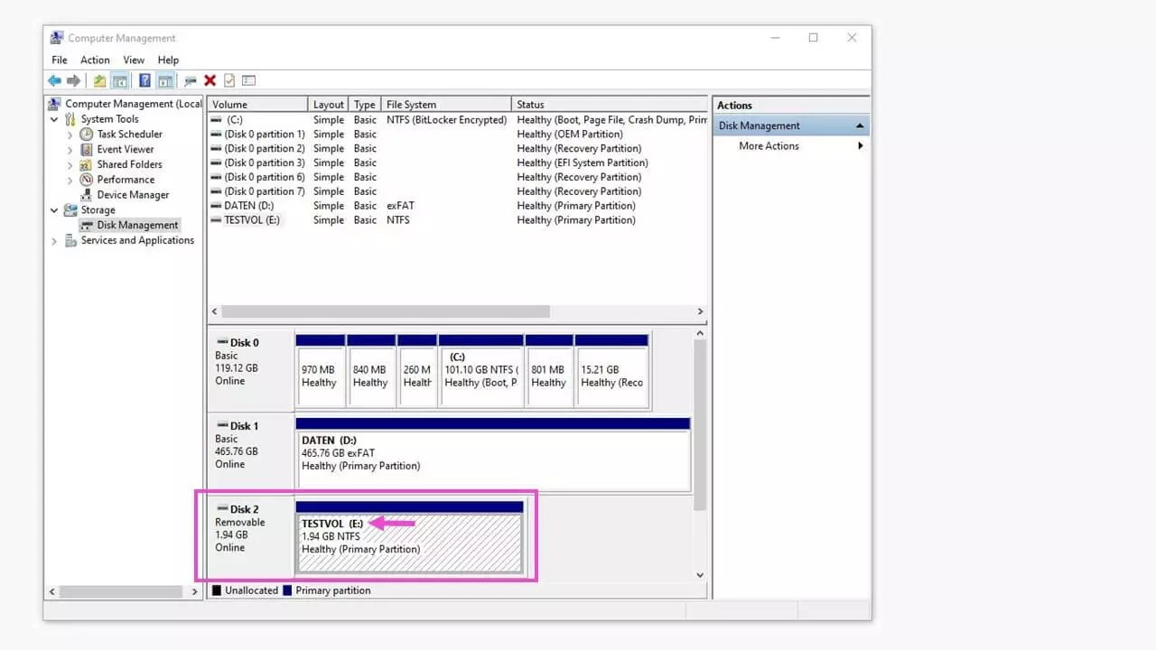 Administración de discos de Windows con discos reconocidos 