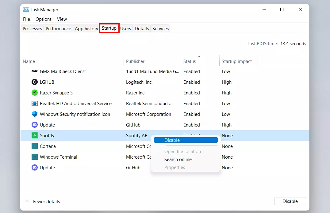 La pestaña “Inicio” en el administrador de tareas de Windows 11