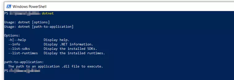 Windows PowerShell: opciones de dotnet