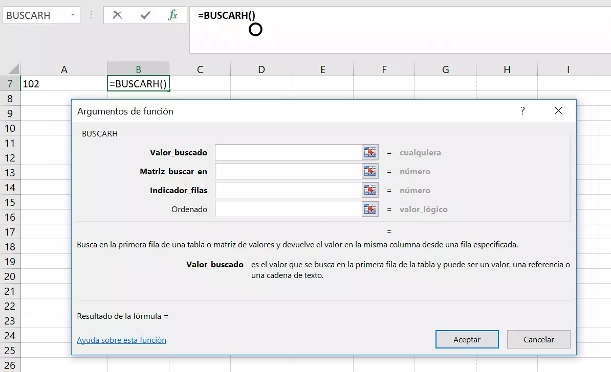 Función de BUSCARH en el generador de fórmulas de Excel.