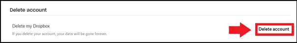 El botón “Eliminar cuenta” en la cuenta de Dropbox