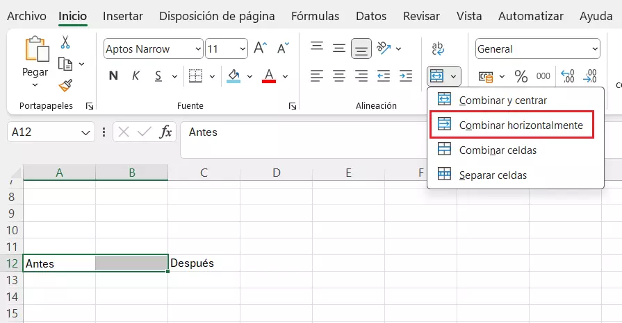 “Combinar horizontalmente” en la pestaña “Inicio”