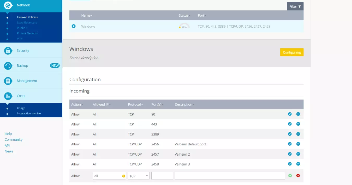 Configurar las políticas del firewall en el Cloud Panel de IONOS