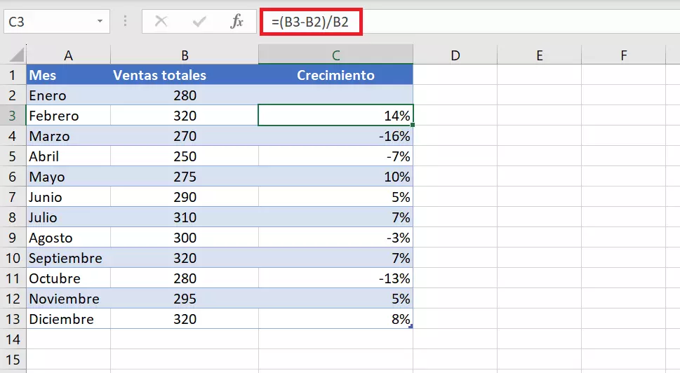 Cálculo del crecimiento porcentual entre dos filas en Excel