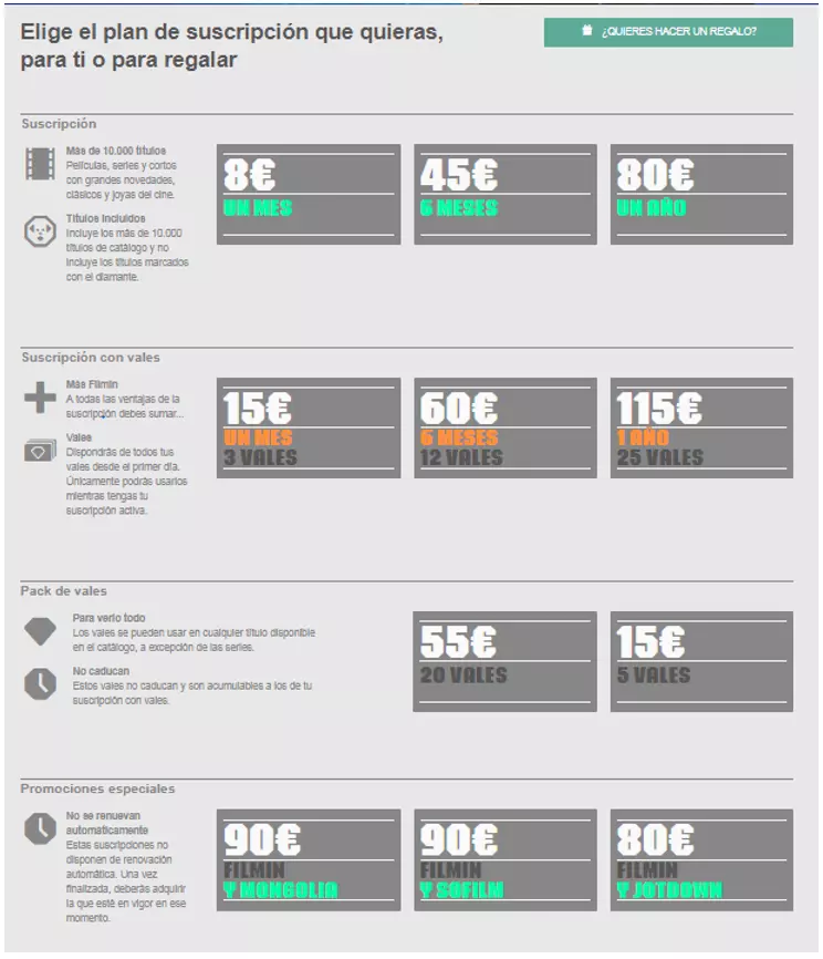 Página con planes de suscripción en Filmin