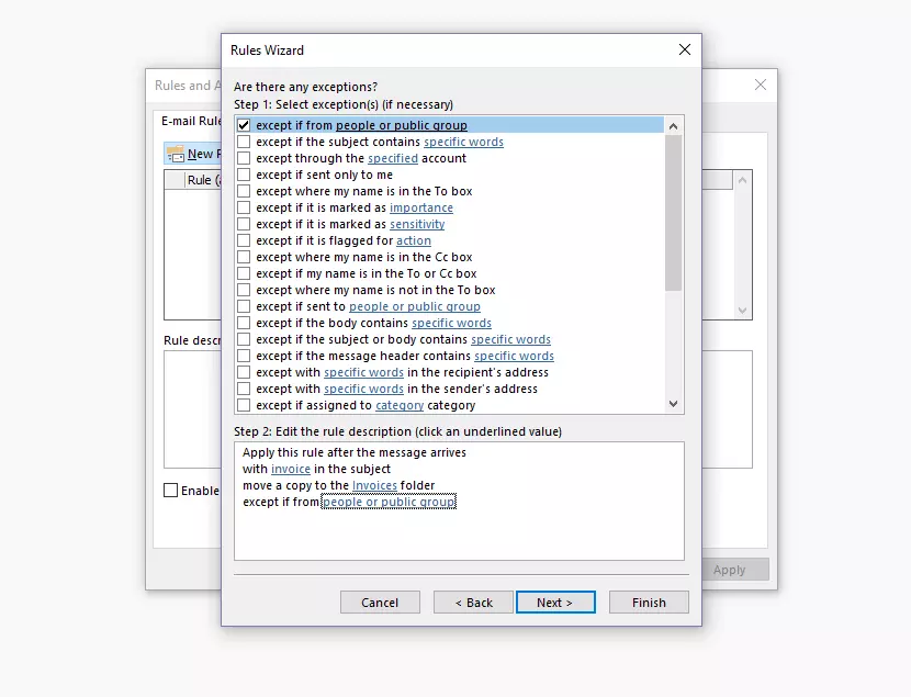Asistente para reglas en Outlook: selección de las excepciones de condiciones