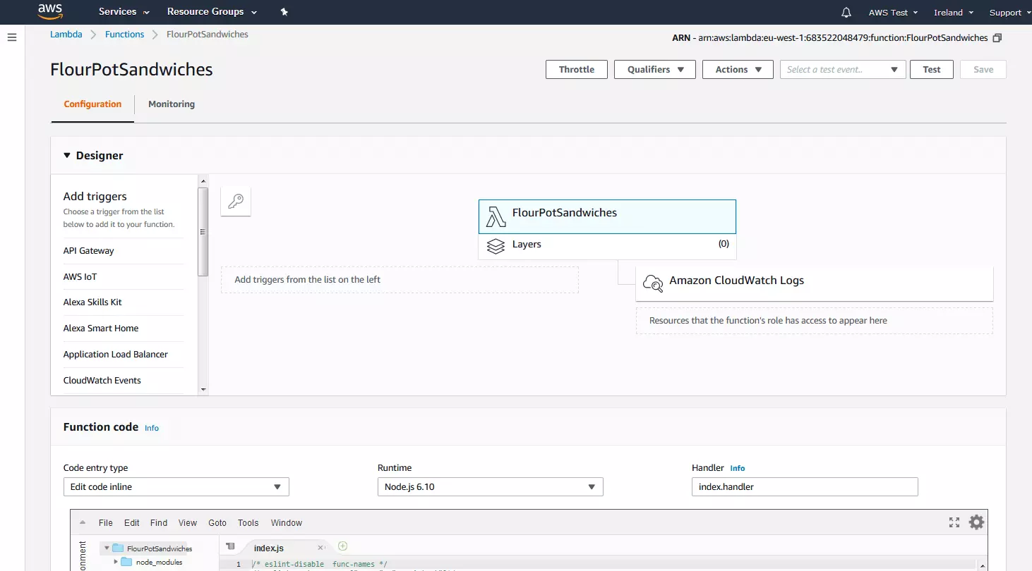 AWS Management Console: panel de configuración de la función Lambda