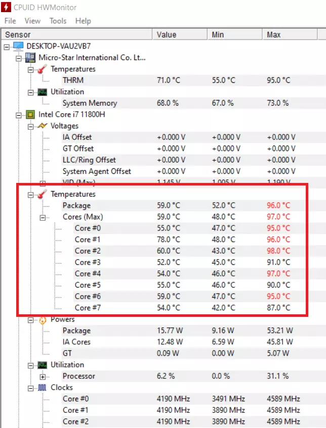 Vista de HWMonitor