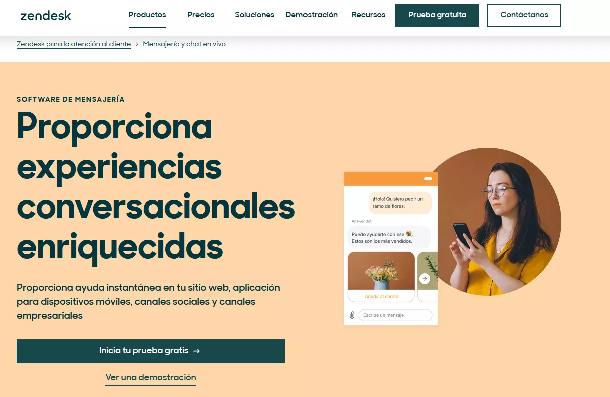 Captura de pantalla de la página web de Zendesk