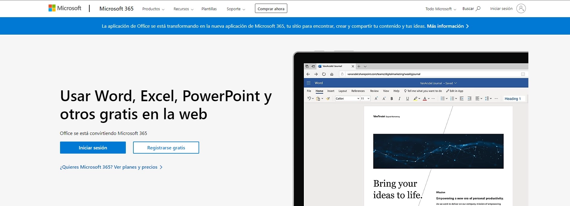 Página web para iniciar sesión en los programas de Office Word, Excel y PowerPoint