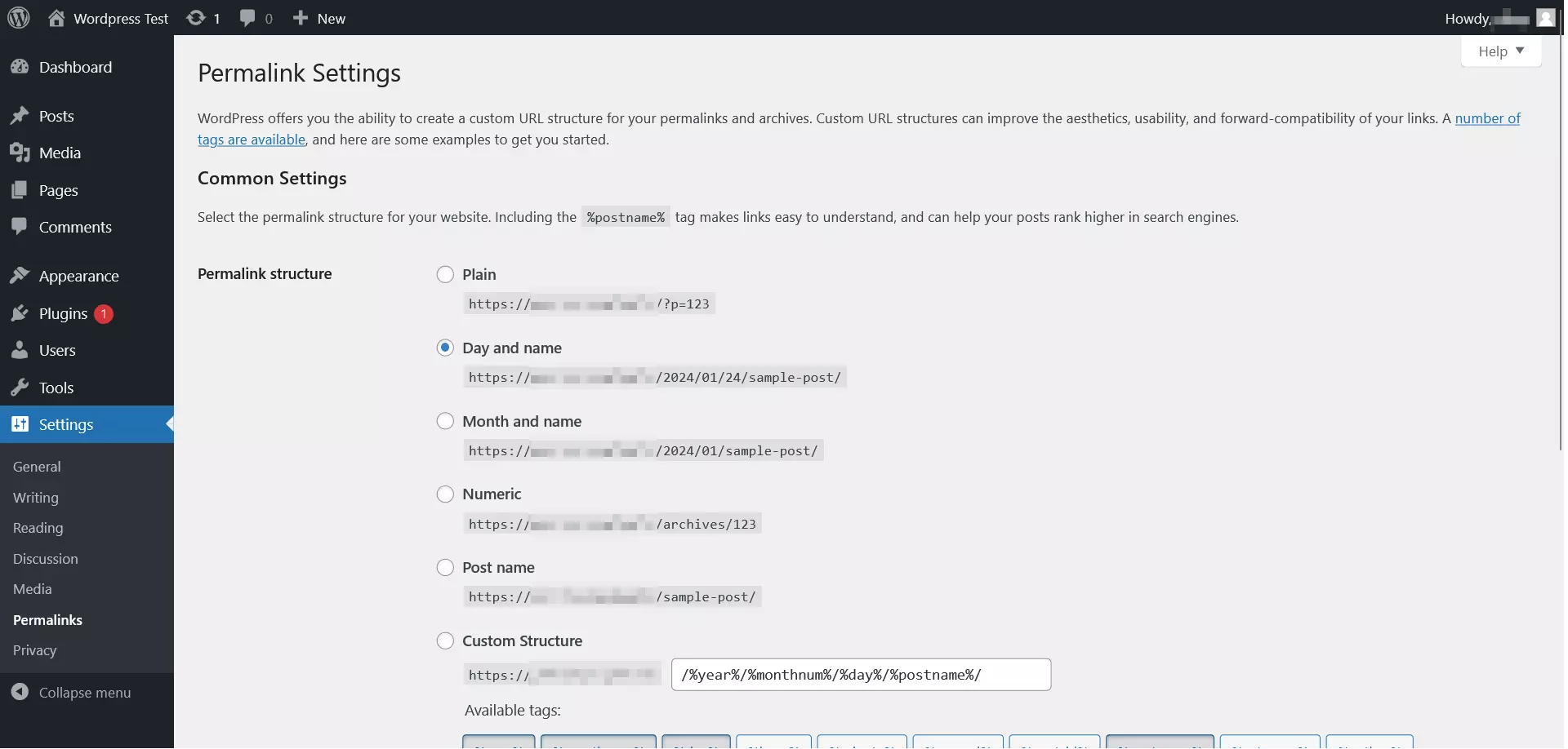 Configuración de opciones para enlace permanentes en el panel de WordPress