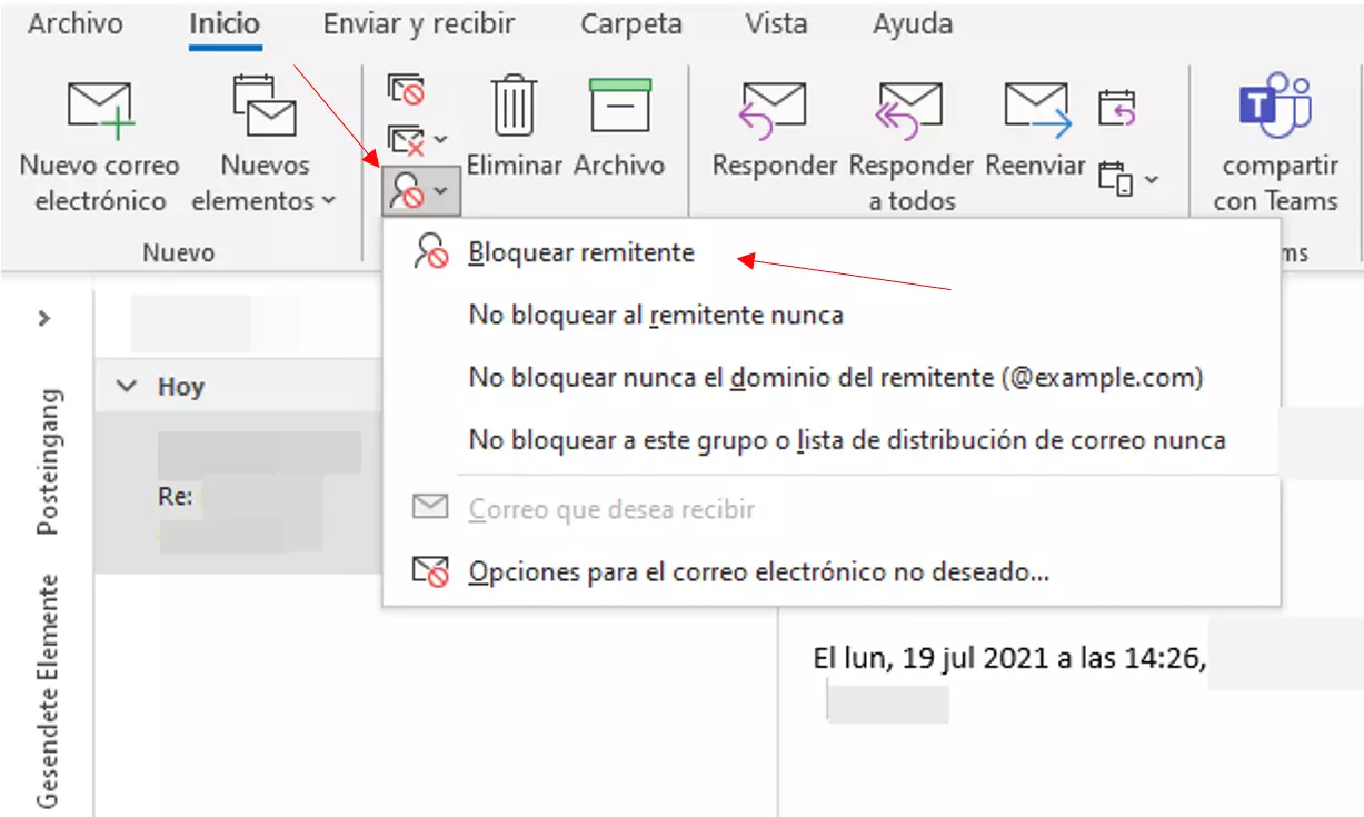 Outlook: Bloquear al remitente desde la cinta de opciones de Outlook