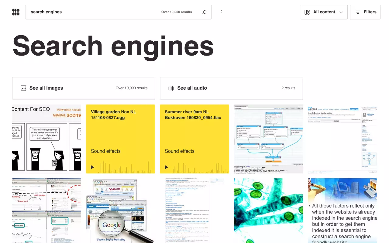 Resultados de “search engines” en Openverse.