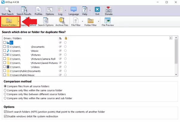 La opción de “Carpetas de origen” de AllDup permite indicar dónde se deben buscar los archivos duplicados
