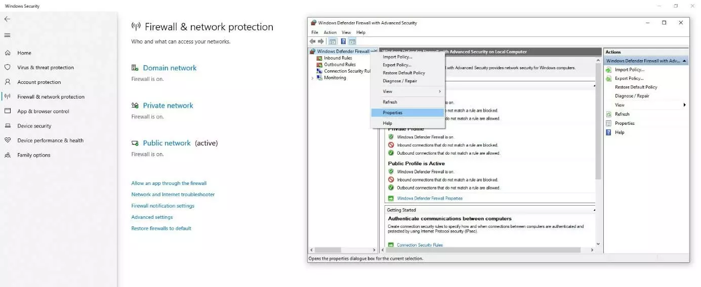 Propiedades del Firewall en Windows