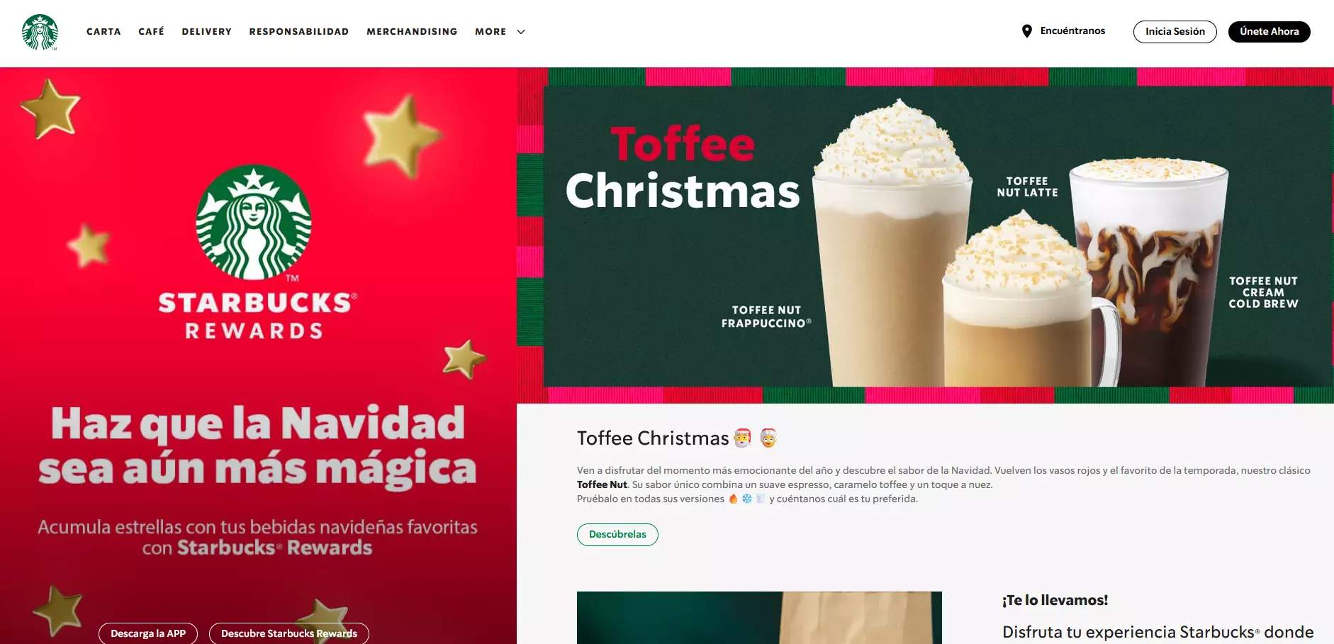 Captura de pantalla de la página de Starbucks decorada para las fiestas navideñas