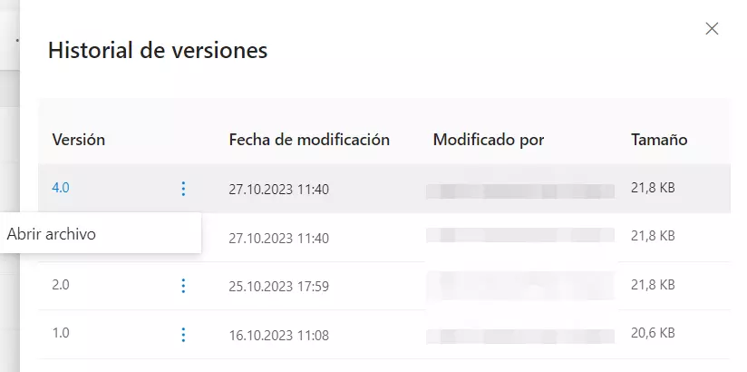 Historial de versiones de un archivo Excel en OneDrive