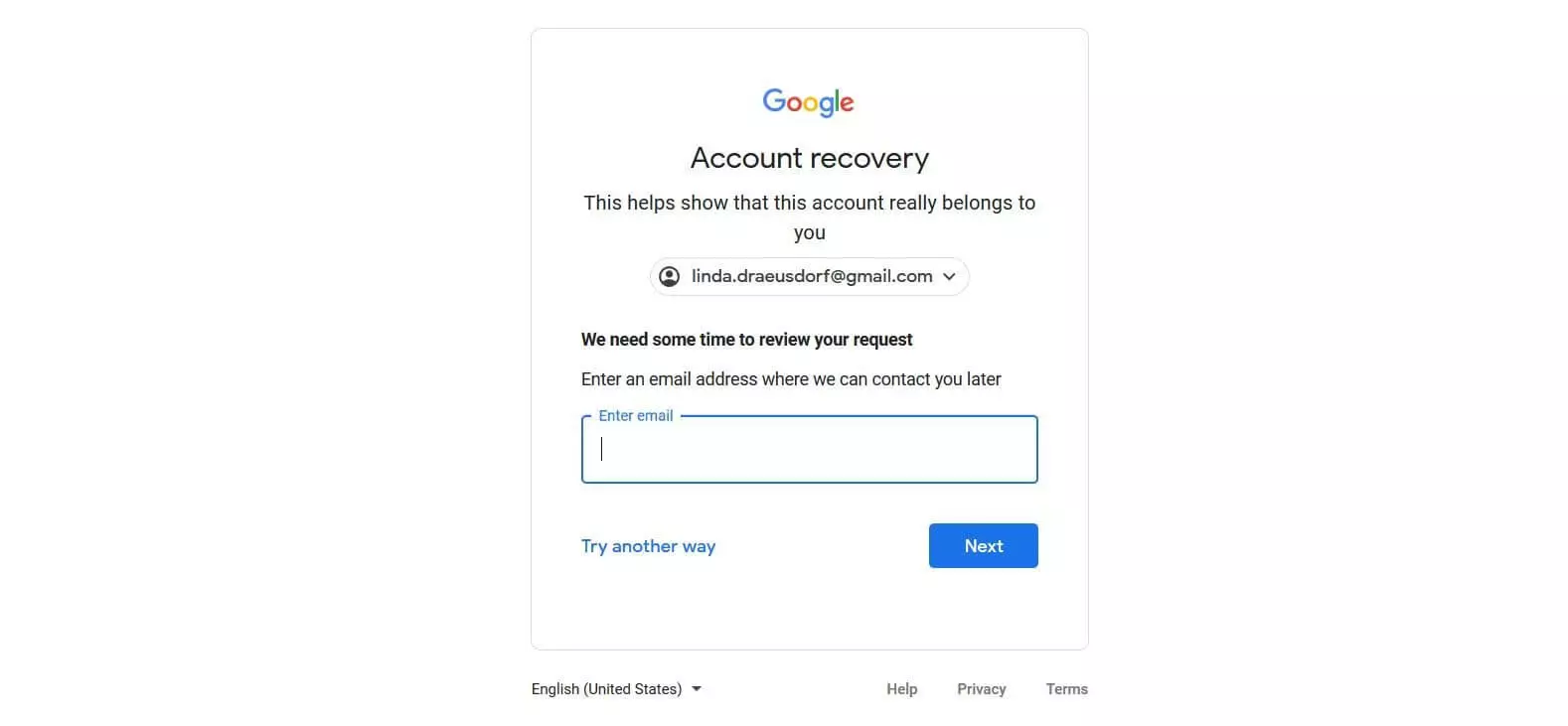 Menú de Google para introducir un correo electrónico actual