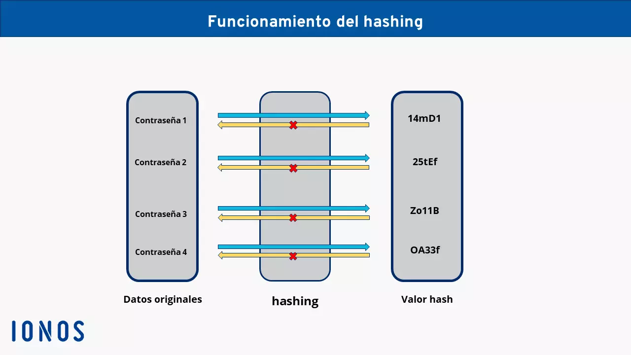 Ilustración del proceso de hashing con el ejemplo de contraseñas