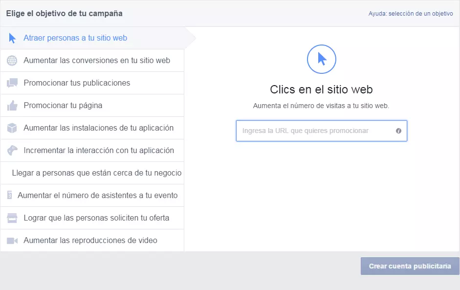 Selección del objetivo de tu campaña de Facebook