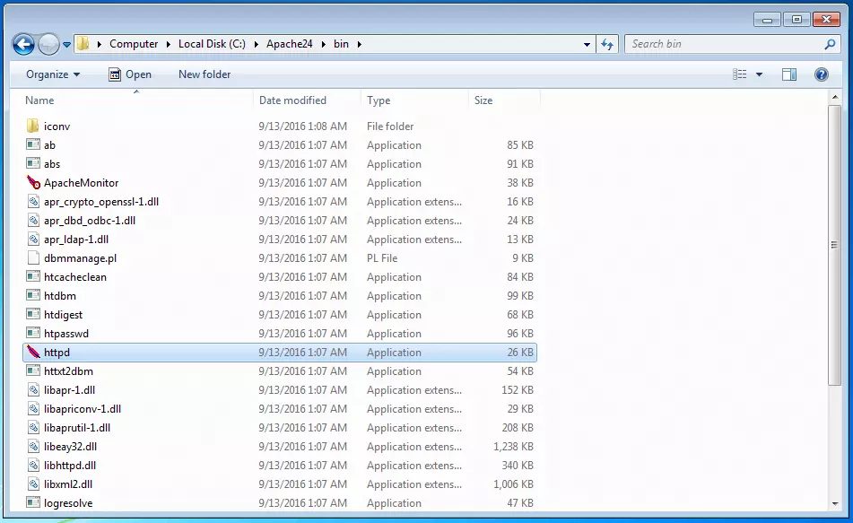 Carpeta de archivos bin con la aplicación httpd