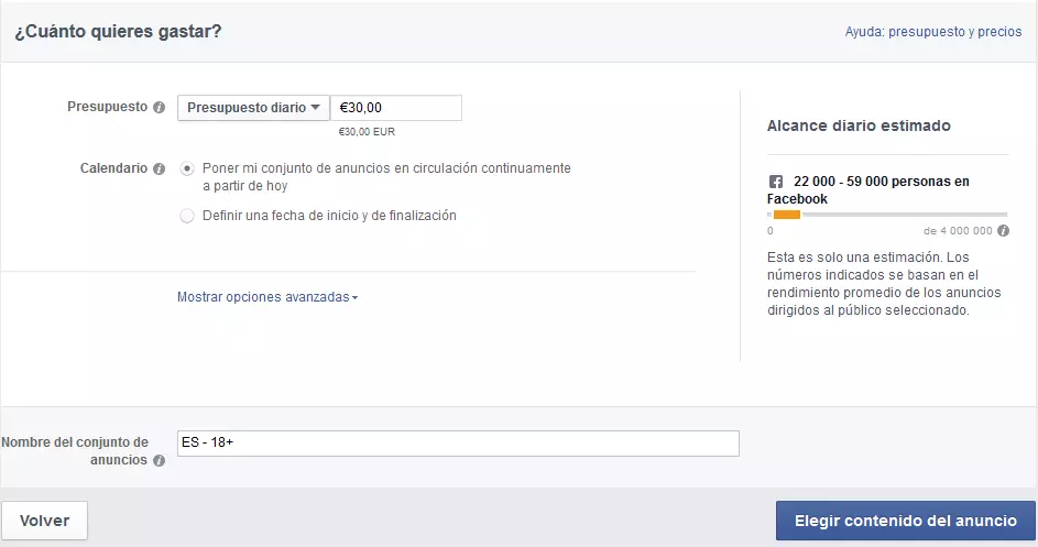 Presupuesto y franja temporal en los anuncios de Facebook